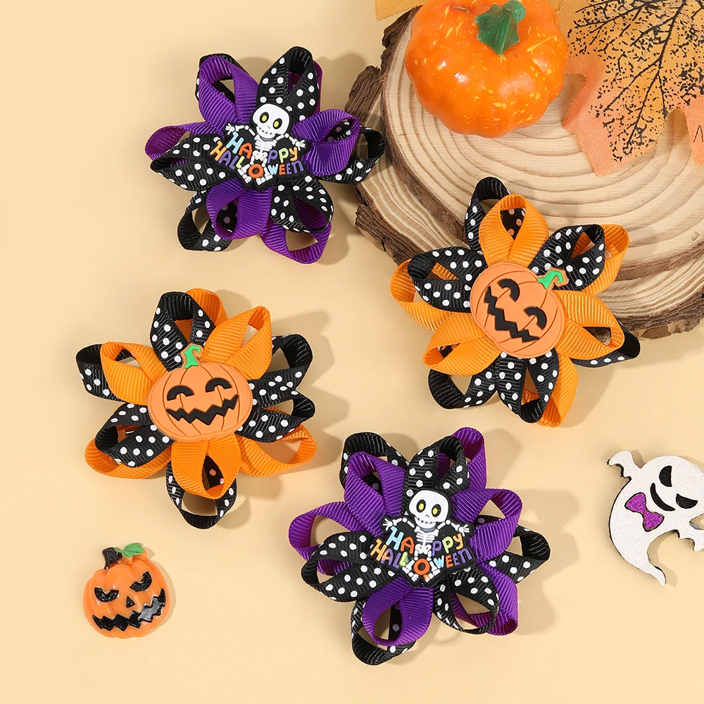 2/4Pcs Halloween Floral Hair Clips Set Dot Ribbon Gothic Hairpin Glitter Pumpkin Skull Barrette Girls Kids Headdress Accessories