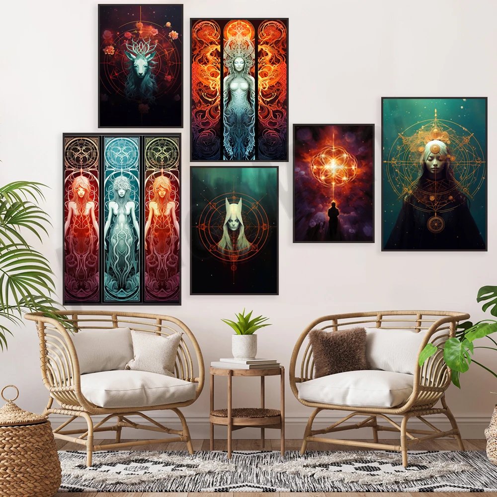 Dark entity, sacred deer, goddess, sacred geometry, energy, spiritual upliftment, spiritual harmony, zen poster, animal guide