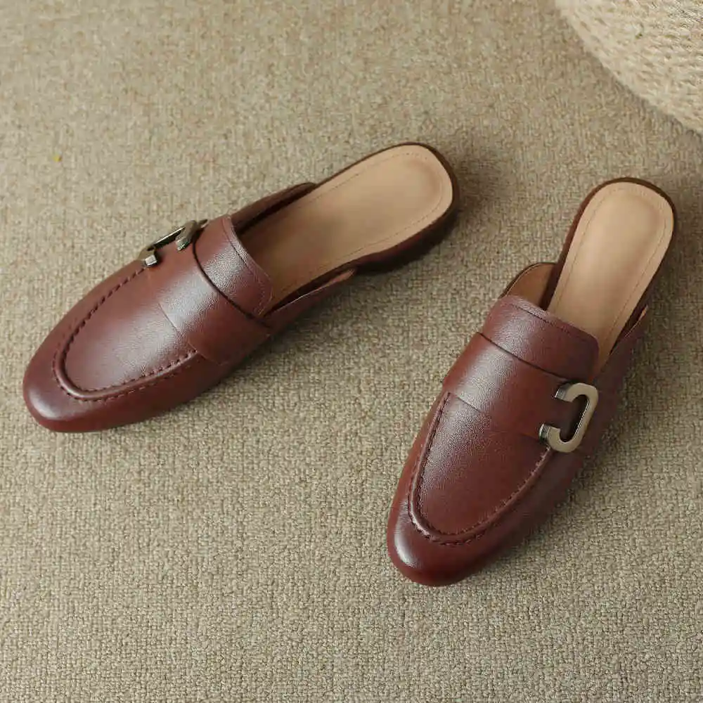 Women\'s genuine leather round toe slip-on flats summer slides casual female soft comfortable mules high quality shoes for women