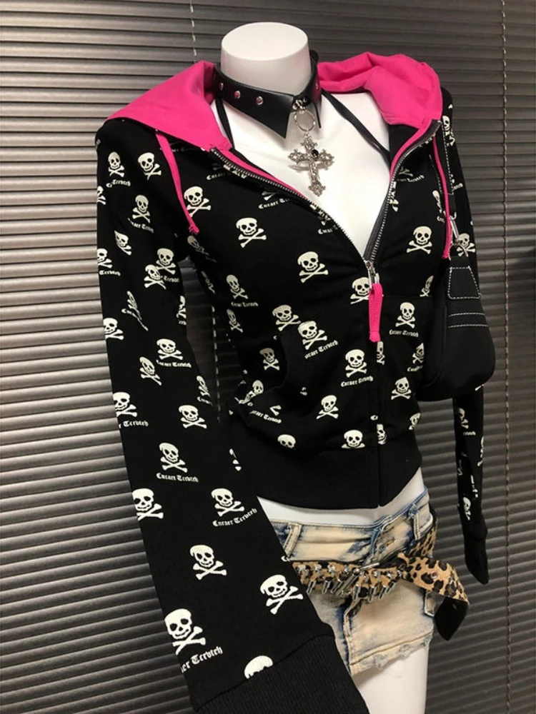 American Vintage Subculture Long Sleeve Hoodie Bodycon Women Casual Punk Skull Print Sweatshirt Zipper Y2k Harajuku 2025 Autumn