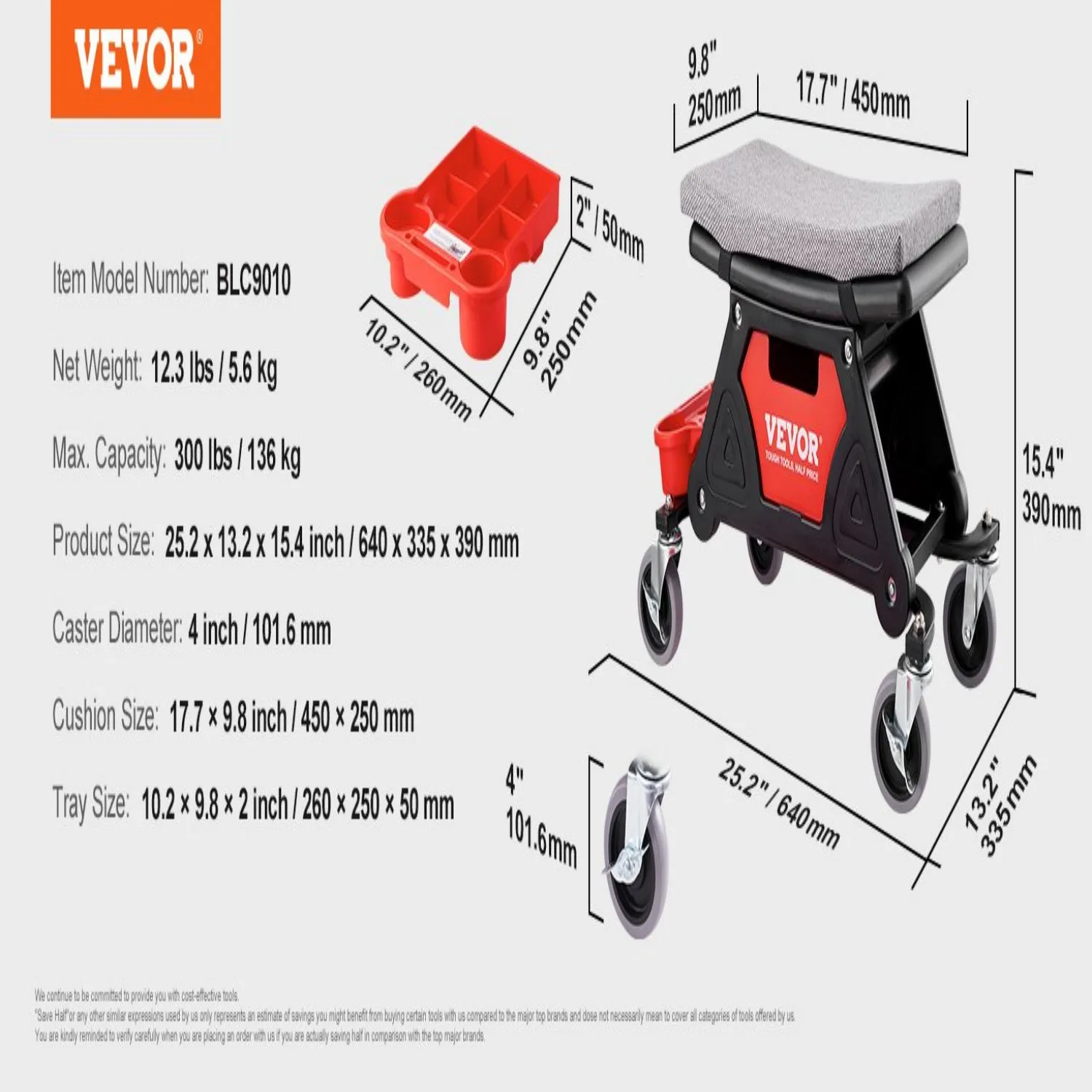 مقعد VEVOR Mechanics، مقعد ميكانيكي دوار بسعة 300 رطل مع 4