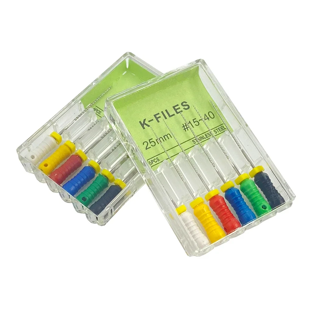 Limes dentaires K en acier inoxydable, usage manuel, canal radiculaire, instruments endodontiques dentaires, 21mm, 25mm, 6 pièces par boîte