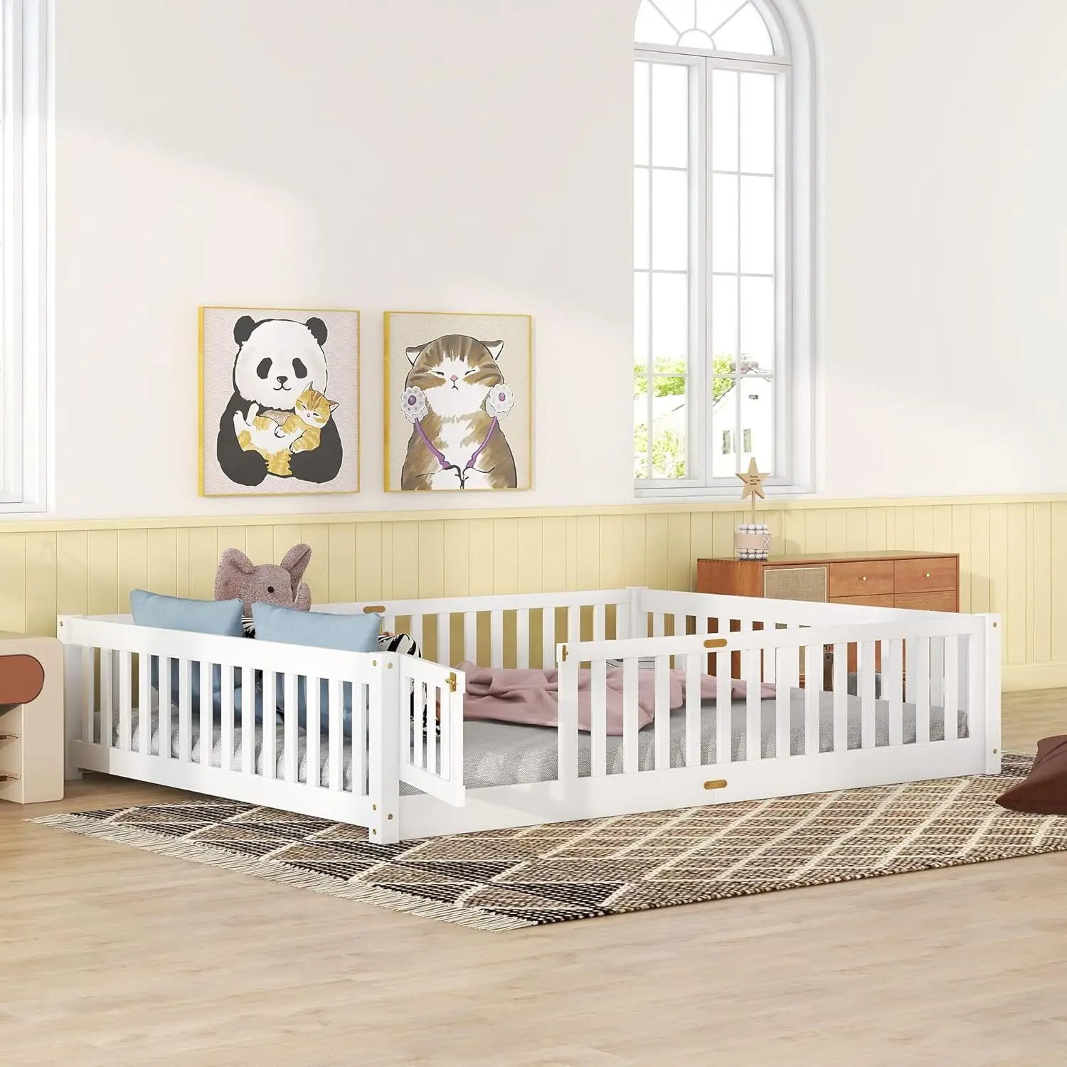 Queen Size Floor Bed Frame for Toddler Wood Montessori Beds with Fence Railings Kids, Fun Toddlers Boys Girls, White