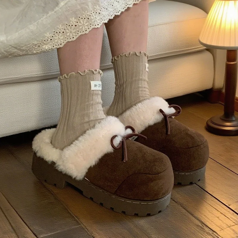 Women's Winter Soft Fleece-Lined Outdoor Slippers with Bow Detail: Fashionable Cotton-Lined, Warm, and Slip-Resistant