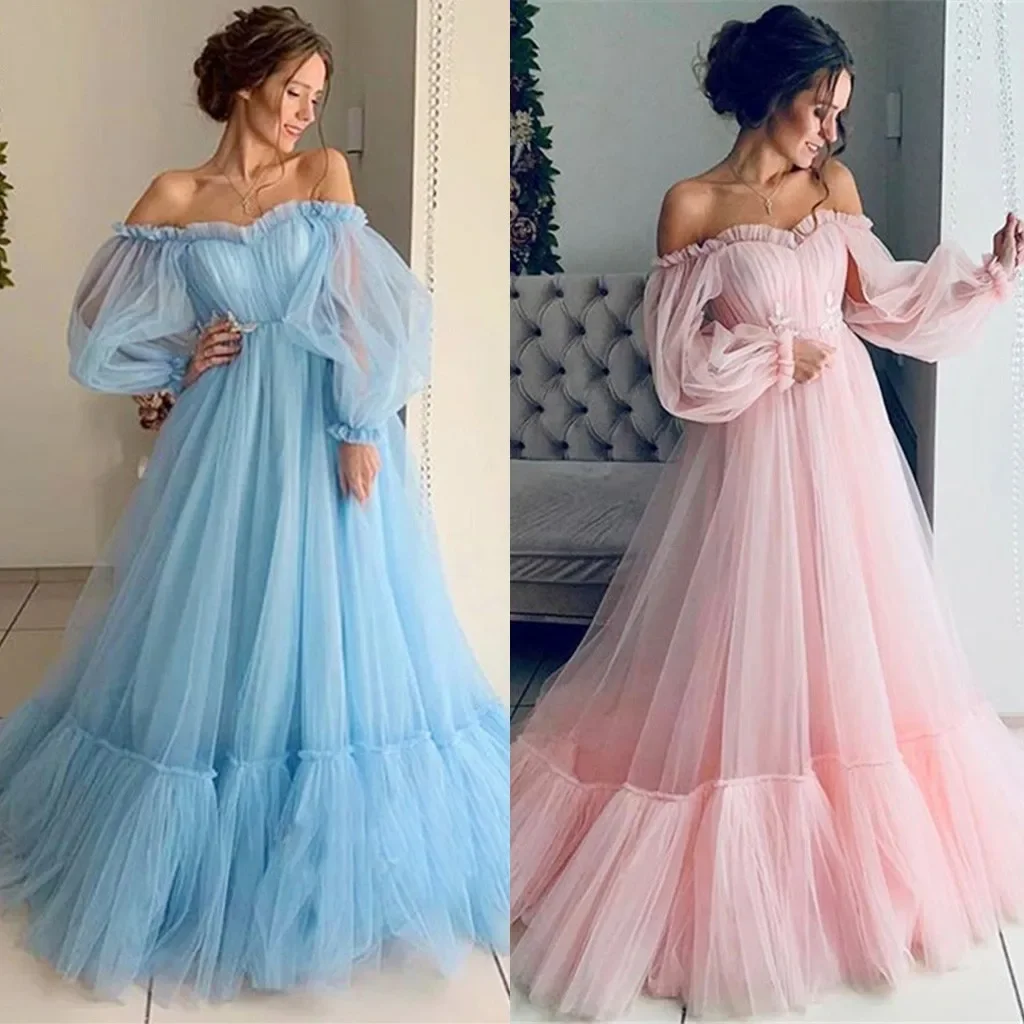 Vestido de noche de manga larga con dobladillo grande para mujer, vestido de princesa con volantes de malla de lujo, vestido largo elegante sin hombros para banquete, vestido de fiesta sólido