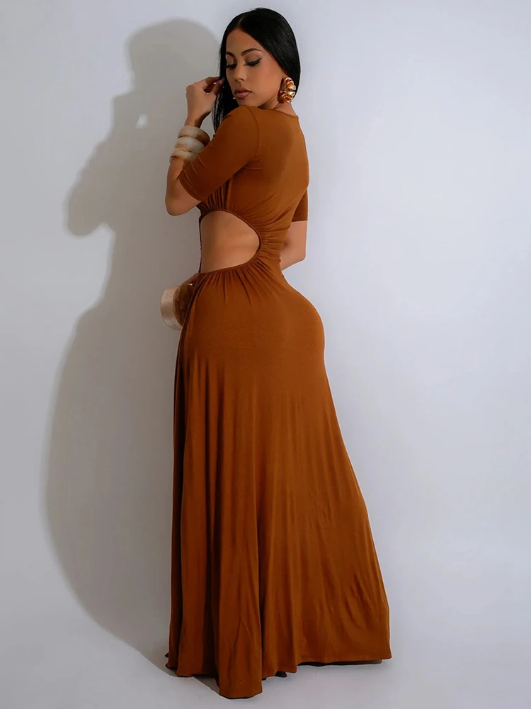 半袖セクシーレディースドレス、レディースカットアウトウエストサイドスリットドレス、パーティーイレギュラーネックロングイブニングドレス、サマー