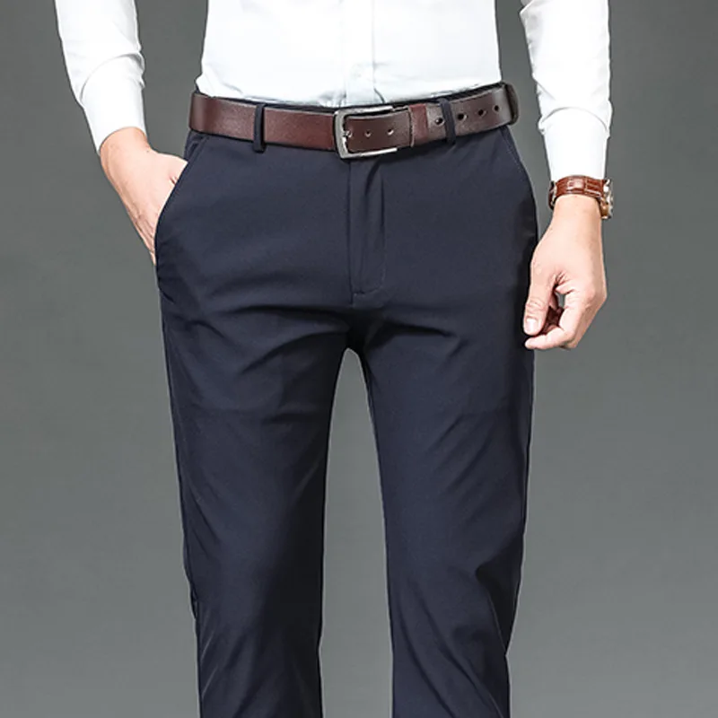 Summer Lightweight Casual Man Suit Pants Business Free Ironing Cargo Pants Straight Elastic Loose Flocking Male Trousers