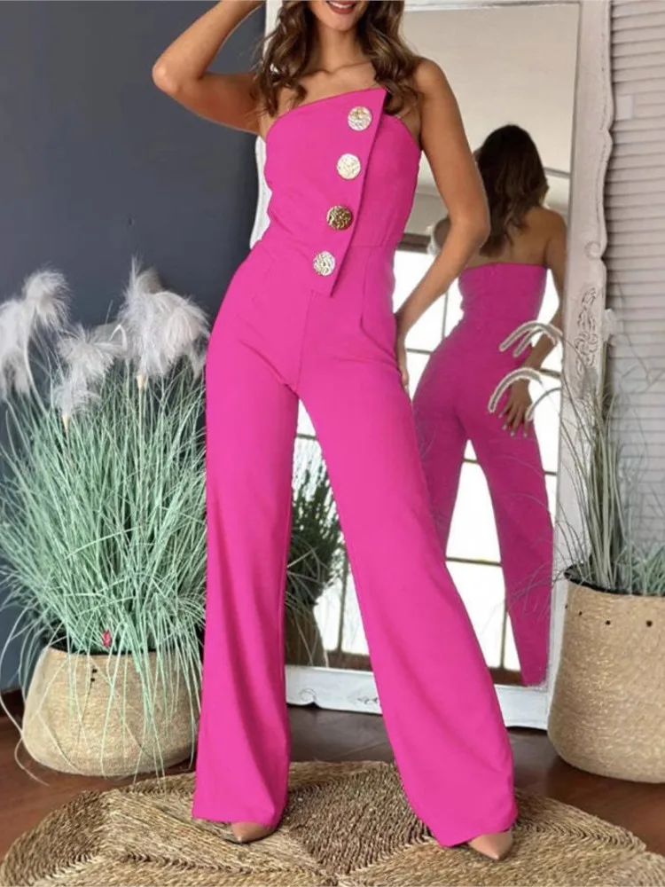 

Lady Fashion Office Set Casual Sexy Sleeveless Strapless Button Top+High Waist Wide Leg Pants Sets Women Summer Womens Clothing