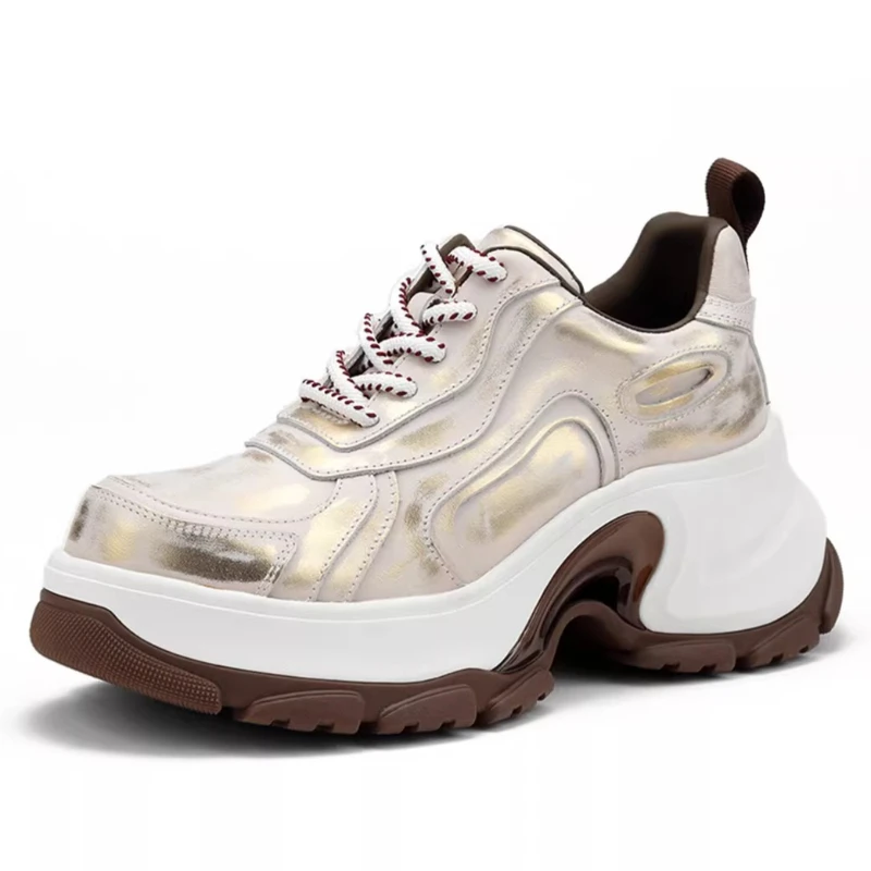 Retro Rubbing Gold Daddy Shoes Women's Genuine Leather Height Increasing Shoes Comfortable Casual Sports Shoes Chunky Sneakers