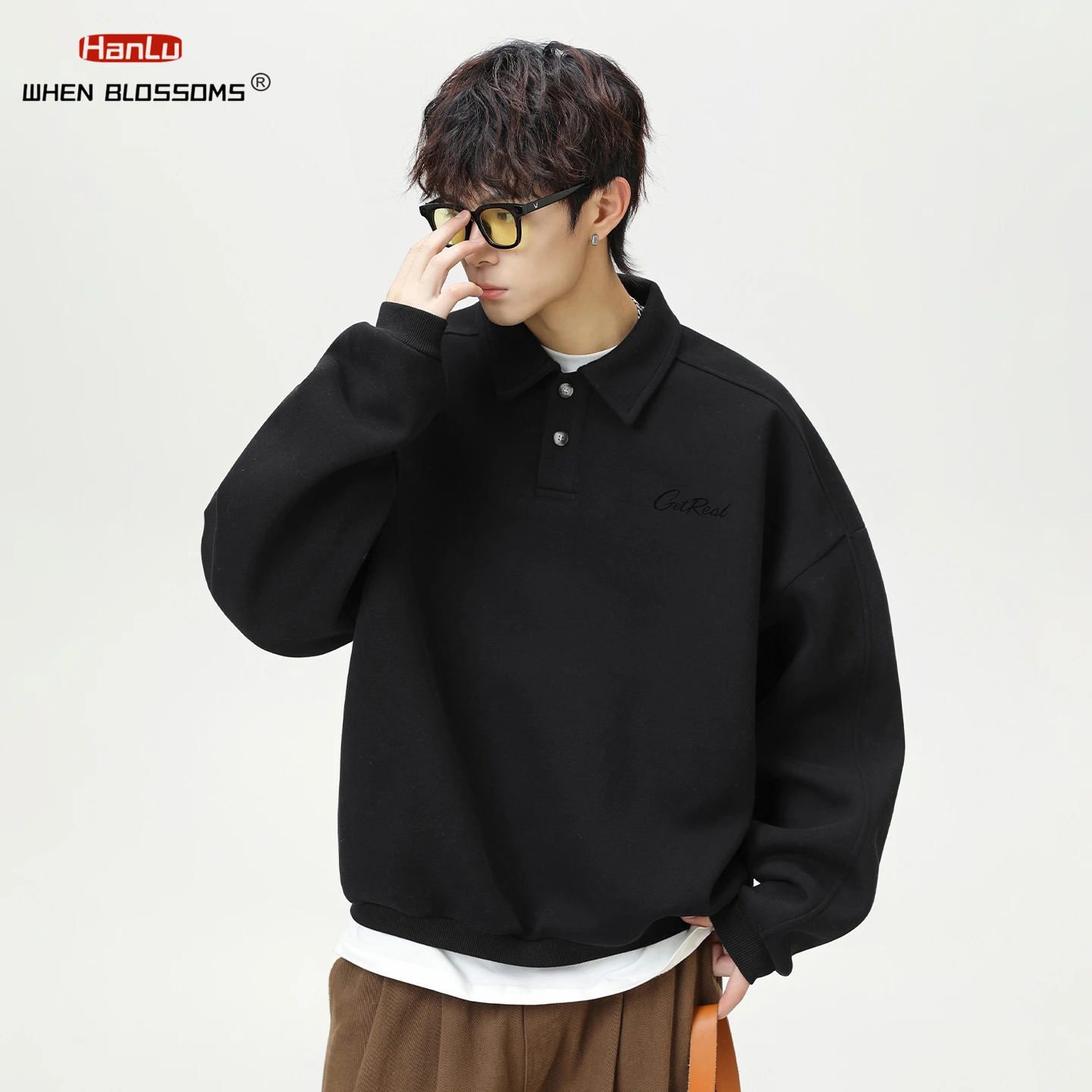 

HANGLU 2025 Men's Oversized Collar Sweatshirt Vintage Button Placket Long Sleeve Polo Pullover Loose Fit Streetwear Top