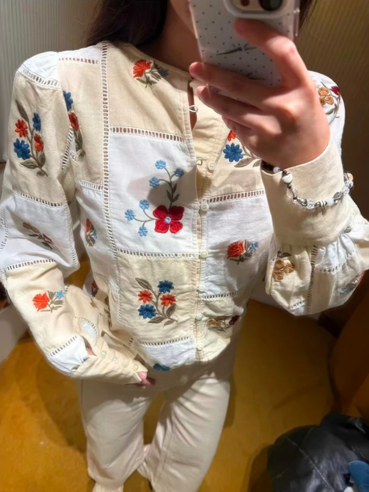 

French Style Cotton round Neck Short Sleeve Women's Shirt Embroidered Floral Pattern Heavy Work Stitching Age-Defying Design
