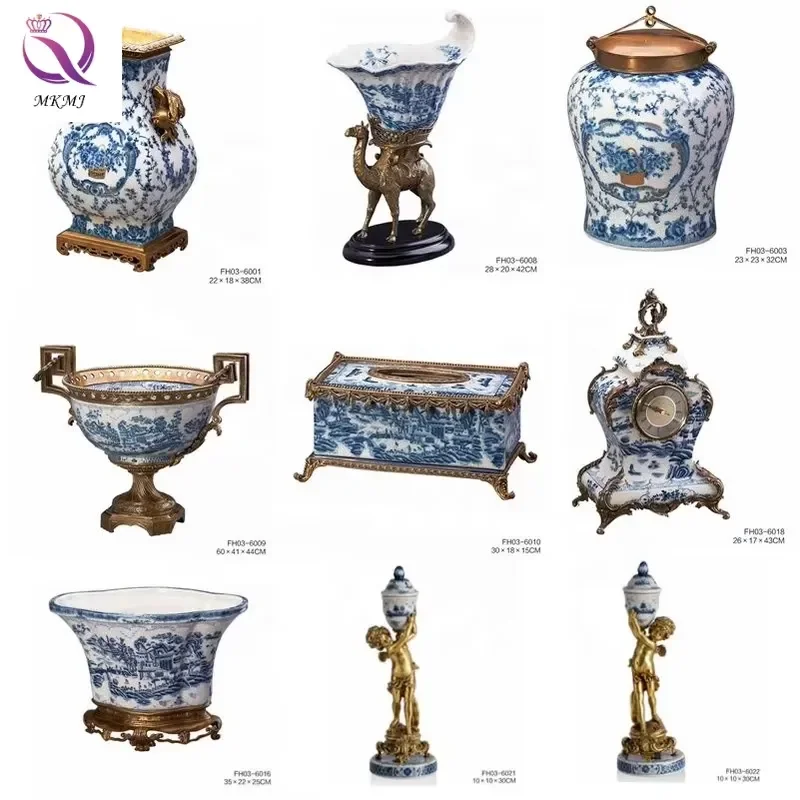 Custom Low MOQ Luxury High-end Blue and White Porcelain Hand-painted Gold Generals Altar and Vases for Other Home Decor