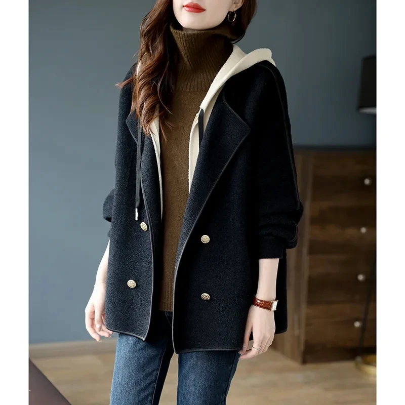 

Women Spring Autumn New Korean Join Together Hooded Fake Two Pieces Woolen Coat Female Casual Loose Wool Jacket Ladies Overcoat