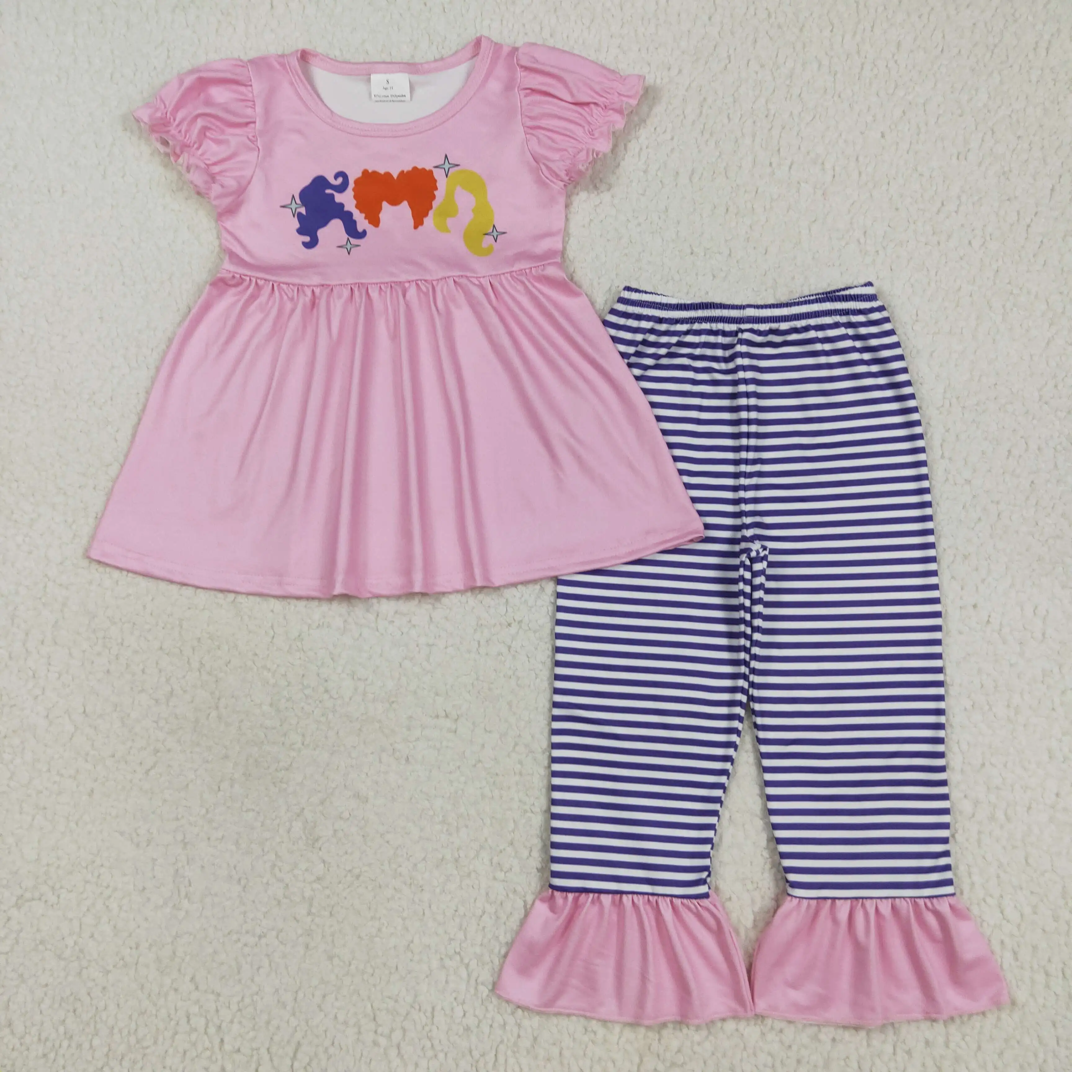 Toddler Baby Girl Halloween Clothes Kids Fall Sets Princess Hair Print Infant Pink Short Sleeve Tunic Stripe Ruffle Pants Outfit