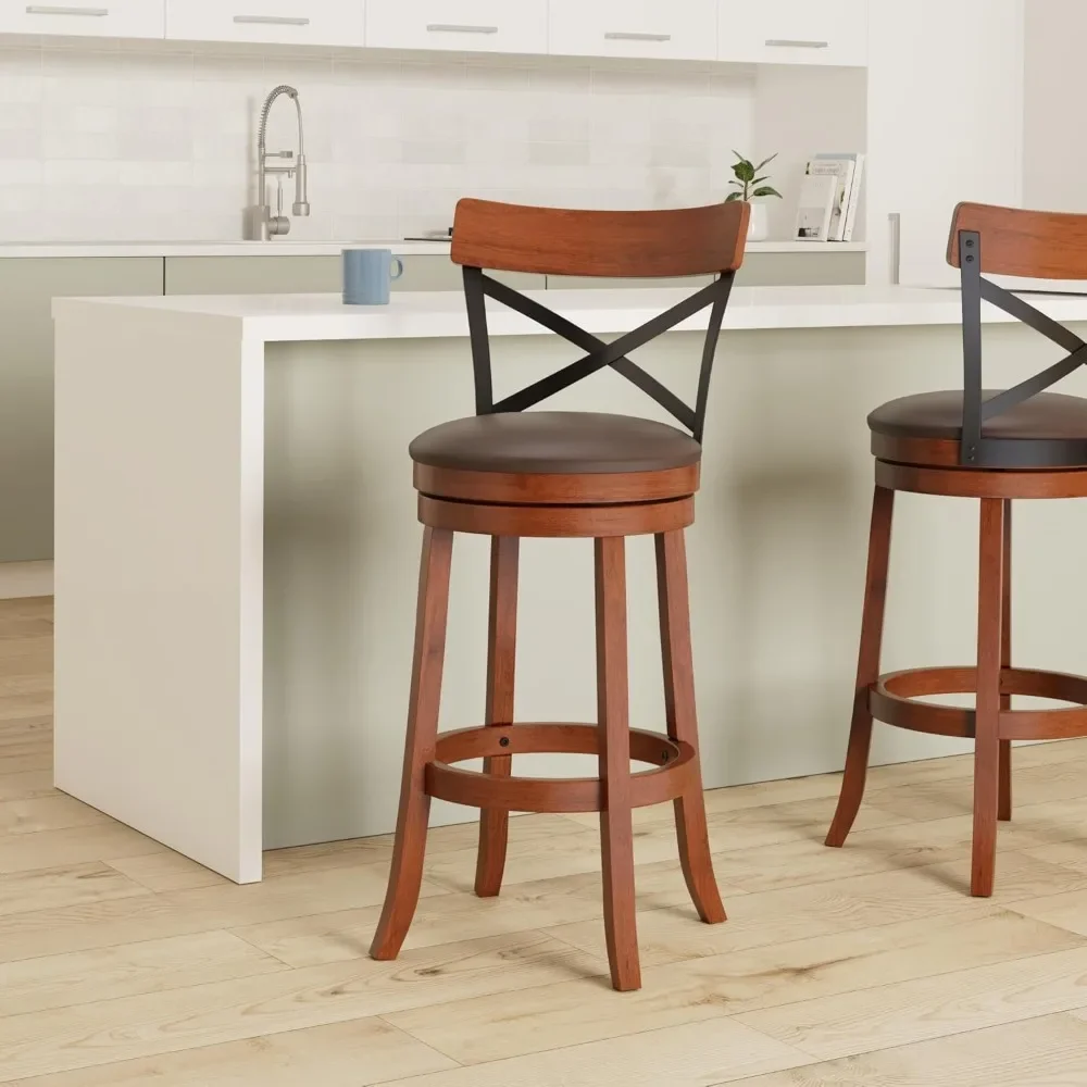 Swivel Bar Stools Set of 4 with PU Cushion and Solid Cappuccino Rubberwood Barstool for Kitchen Island Counter, Pub - 29 Inch