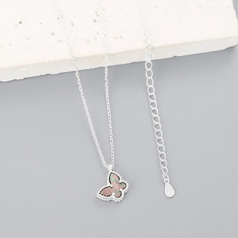 S925Sterling Silver Shell Butterfly Necklace Women's Fashion Classic Inlaid White Shell Black Agate Pendant Clavicle Chain