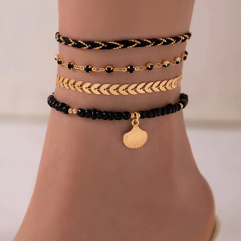 Tocona Colour Beaded Weaving Shell Pendant Anklets for Women Bohemian Leaf Multilayer Foot Chain 4pcs/Set Summer Beach Jewelry