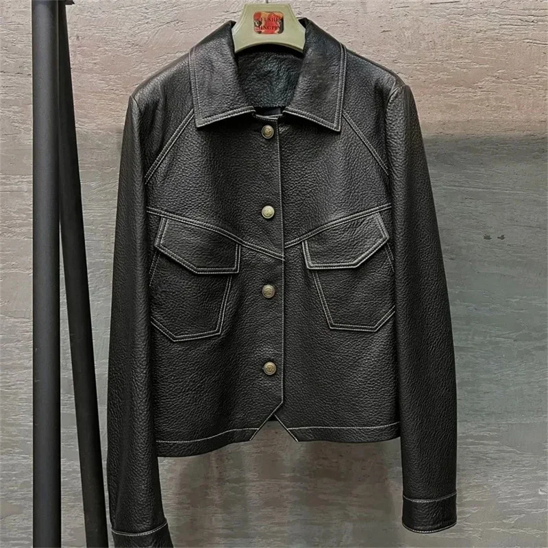 High-End braune Frauen Fahrrad mantel Pu Leder Outwear Knopf Outfit Frühling Herbst Frauen Mode kurze dünne weibliche Jacke schwarz a617