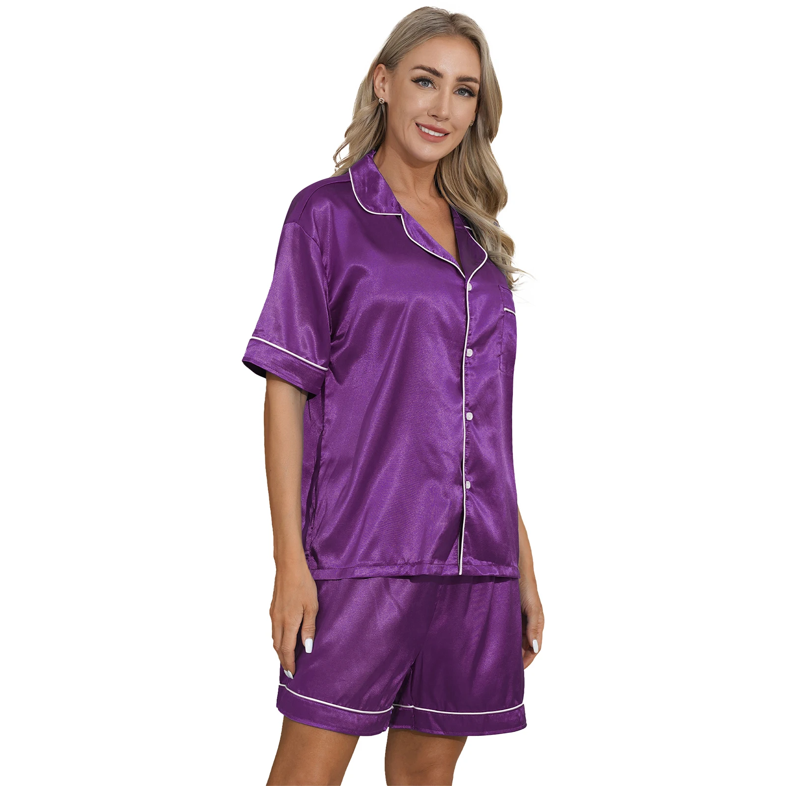 Womens Silky Satin Pajamas Set Notch Collar Short Sleeves Button Down Shirt Top with Boxer Shorts for Sleepwear Loungewear