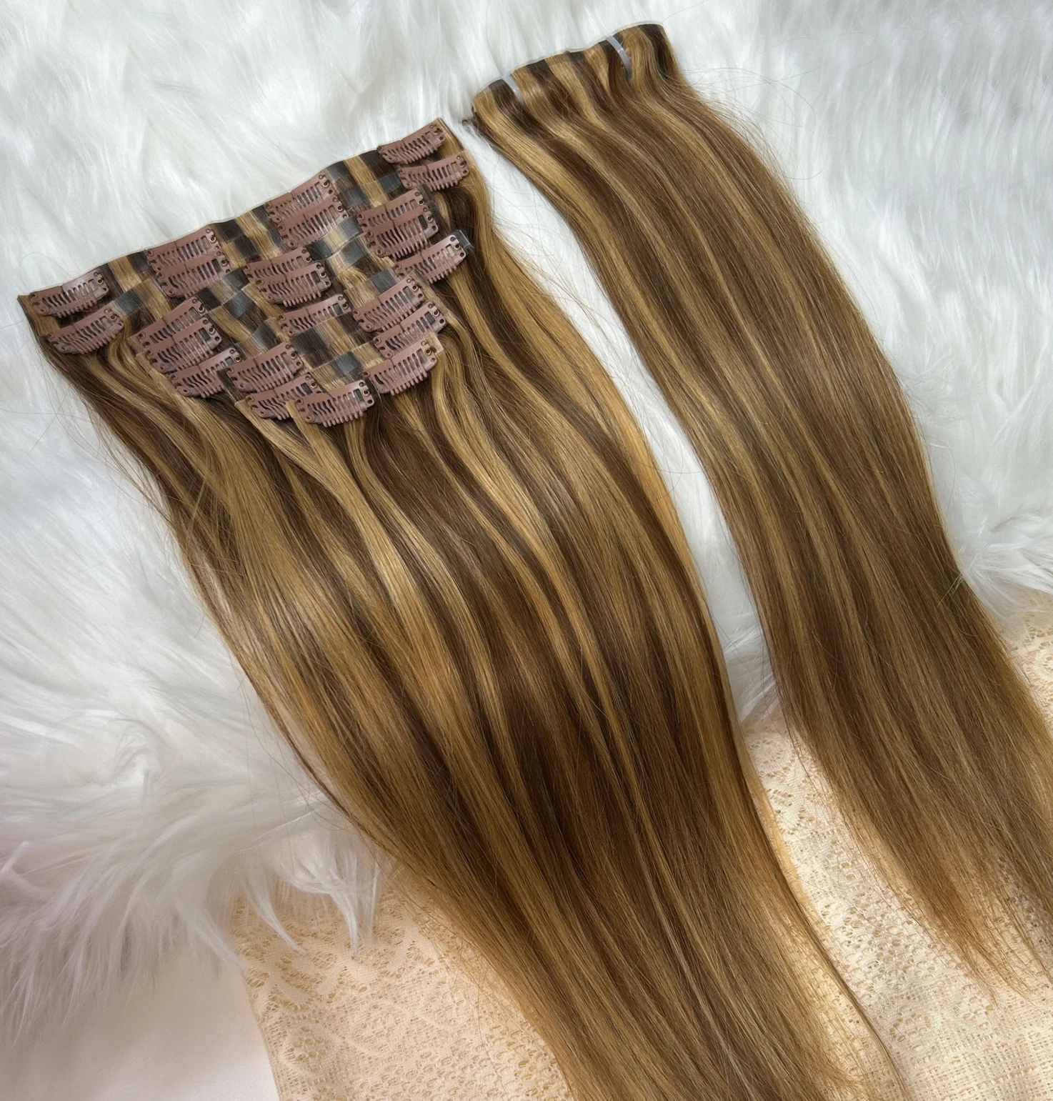 하이라이트 클립인 인모 헤어 익스텐션 100% 인모 120G/세트 스트레이트 클립인 익스텐션 여성용 리얼 소프트 인모