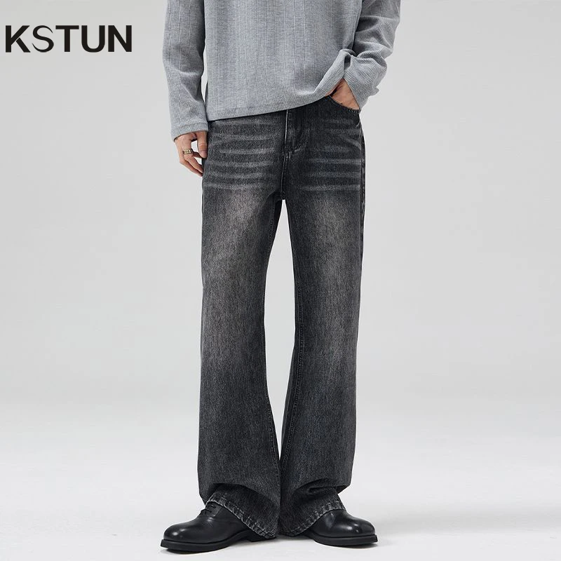 KSTUN 2025 Spring New Men Flared Jeans Boot Cut Denim Pants Straight Vintage Gray Jeans Men Comfort Men's Trousers Bell Bottom
