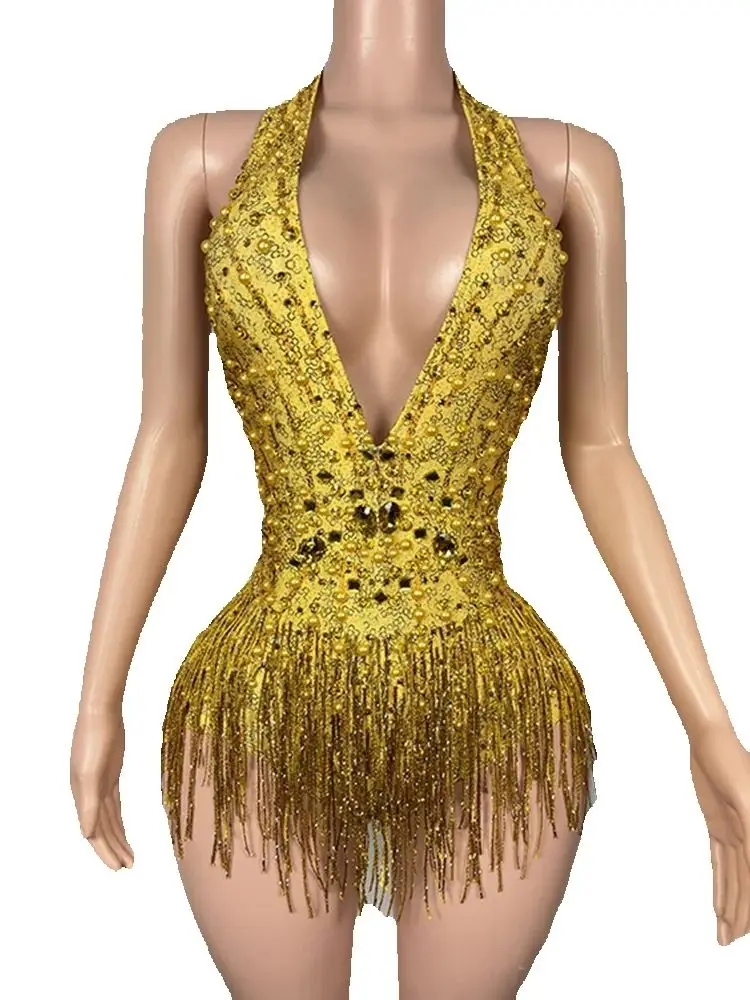 High Quality Rhinestone Tassel Sexy Hanging Neck Elastic Jumpsuit 2024 New Fashion Custom Women'S Clothing