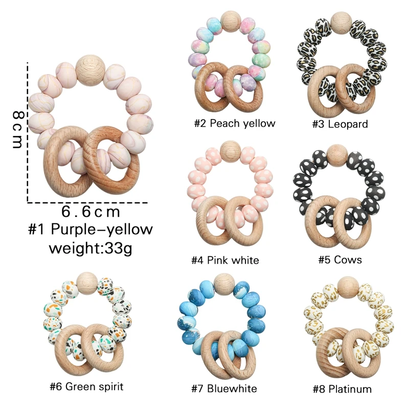 아기 나무 반지 Teether 팔찌 식품 학년 실리콘 BPA 무료 신생아 Soothe 딸랑이 아기 물린 장난감 간호 액세서리