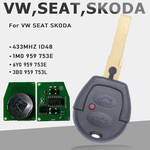 KEYECU 1M0 959 753E,3B0 959 753L, 6Y0 959 753E 433MHz ID48 Chip 2 Buttons Remote Key Fob for Seat for Volkswagen VW for Skoda