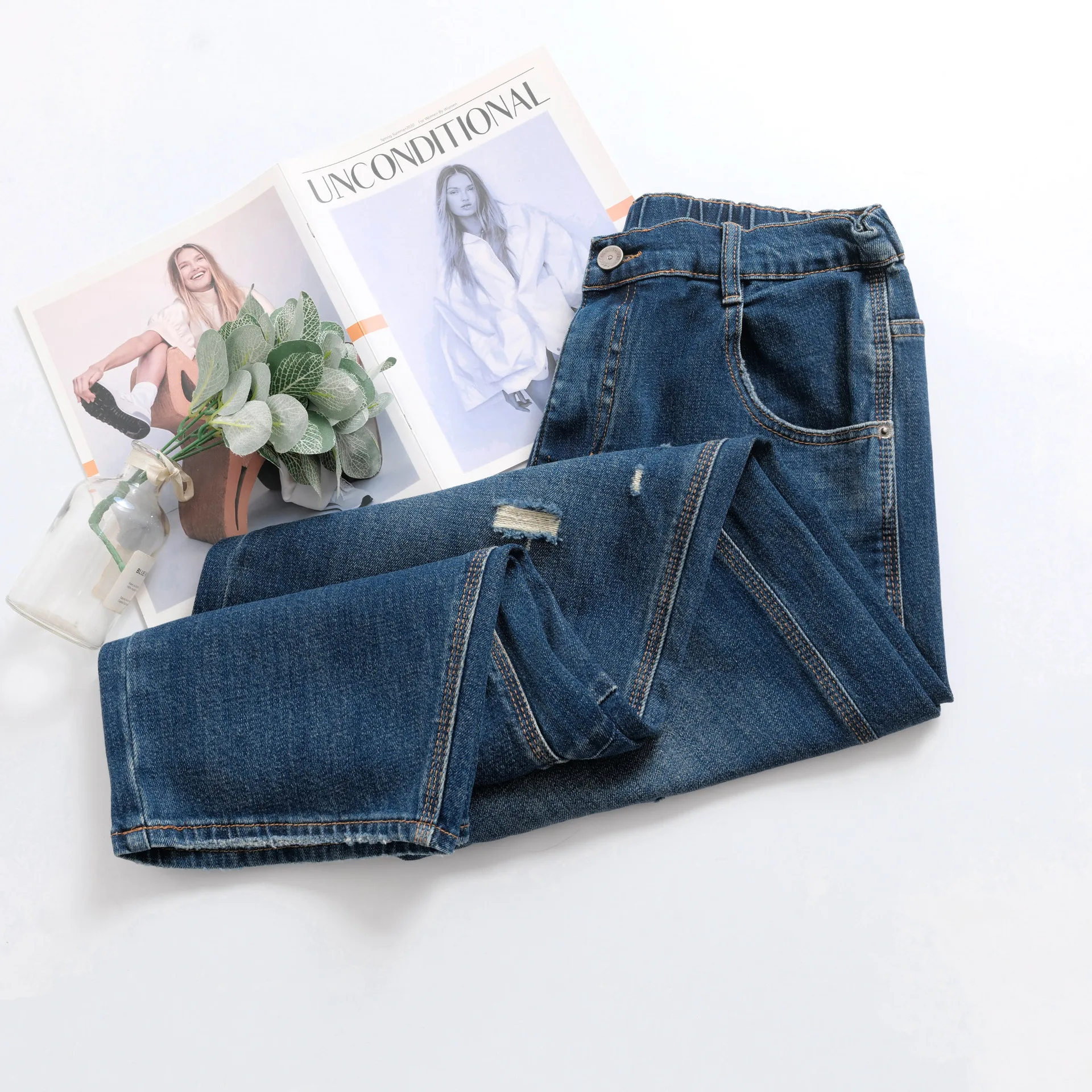 Celana Jeans Wanita Ukuran Besar Model Kaki Lebar Musim Gugur Terbaru, Denim Robek Premium, Bahan Denim Stretch, Panjang, Kasual