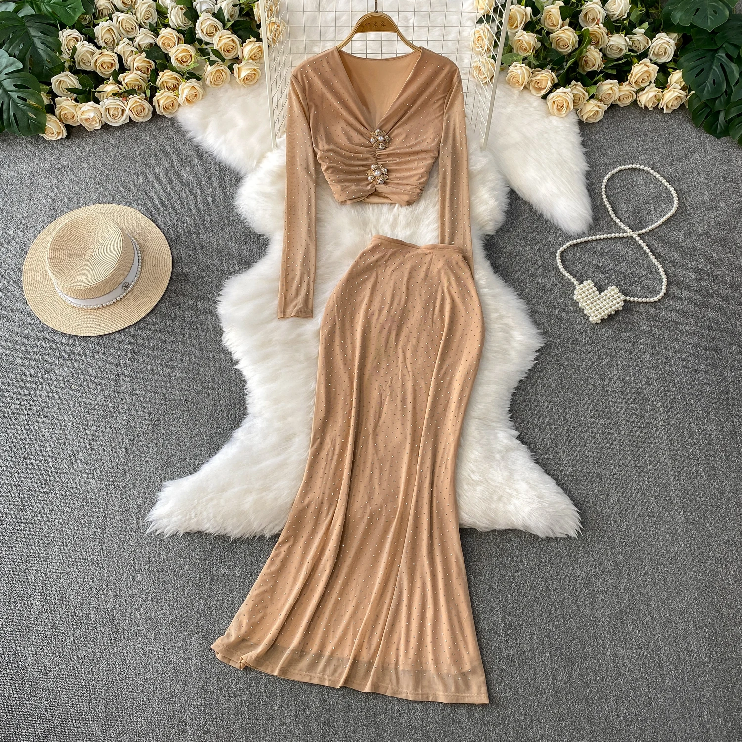 

Sexy Elegant V-neck Pearls Slim Slip Dress Casual Beach Party Vintage Women Summer Fashion Clothing Two Piece Set