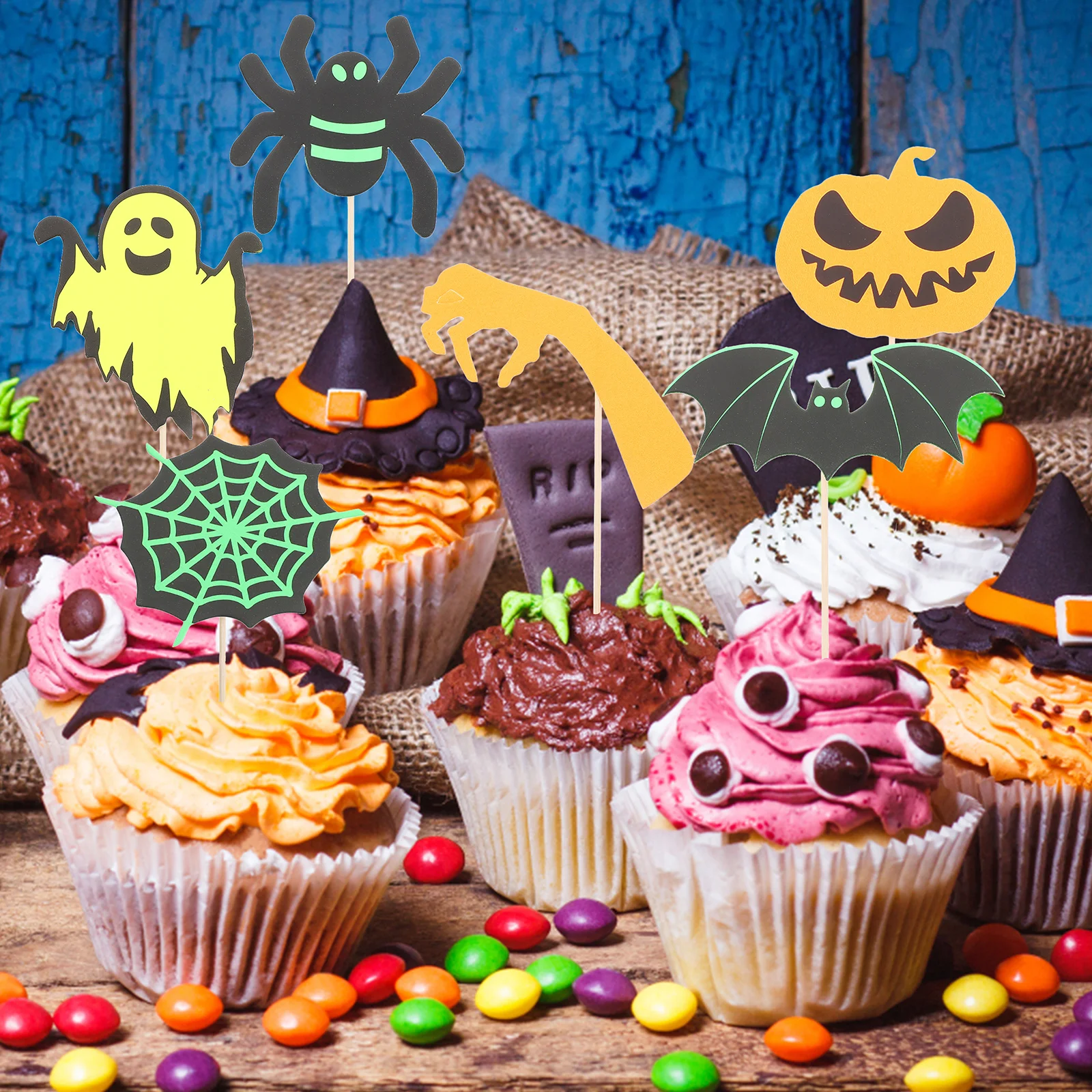 

24pcs Fluorescent Ghost Pumpkin Cake Toppers Halloween Cupcake Picks spooky dessert accessories bakery decorations