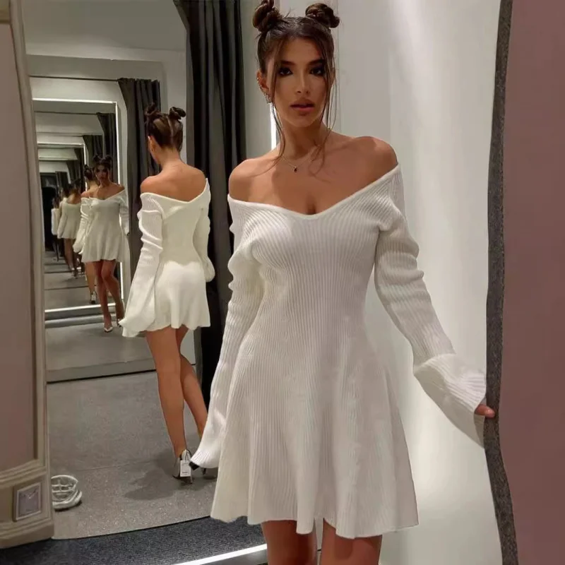 

Elegant Party Dresses Sexy V Neck Long Sleeve Woman Clothes Knitted Dress For Autumn Winter Short A Line Frilly Sweater Skirt
