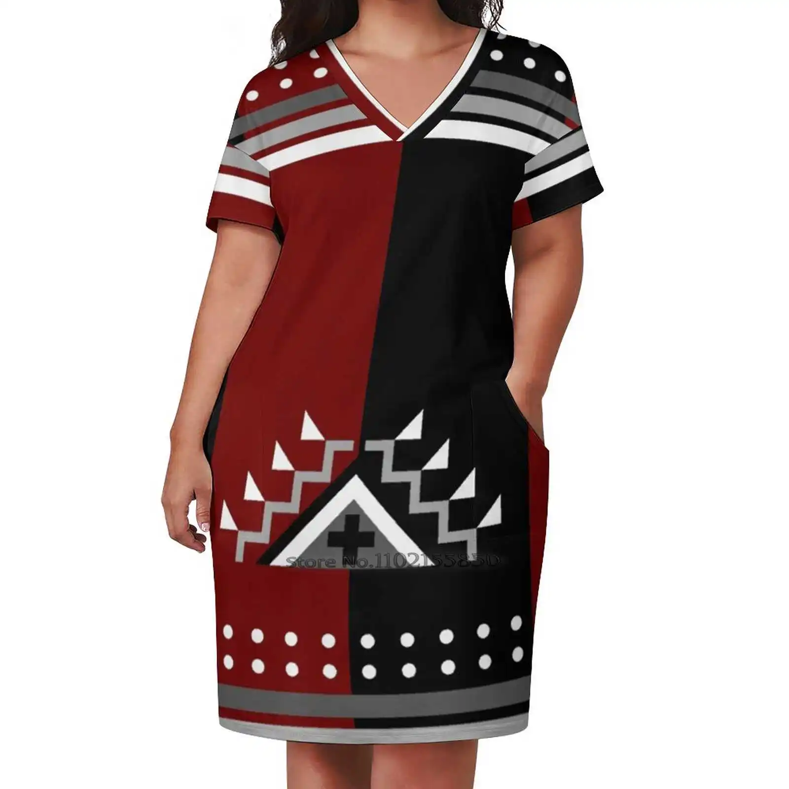 Cante Tinze Loose Pocket Dress Print Short Sleeve Dresses V-Neck Dress 5Xl Lakota Cante Tinze Oglala Sioux Tosa Two Heart Two