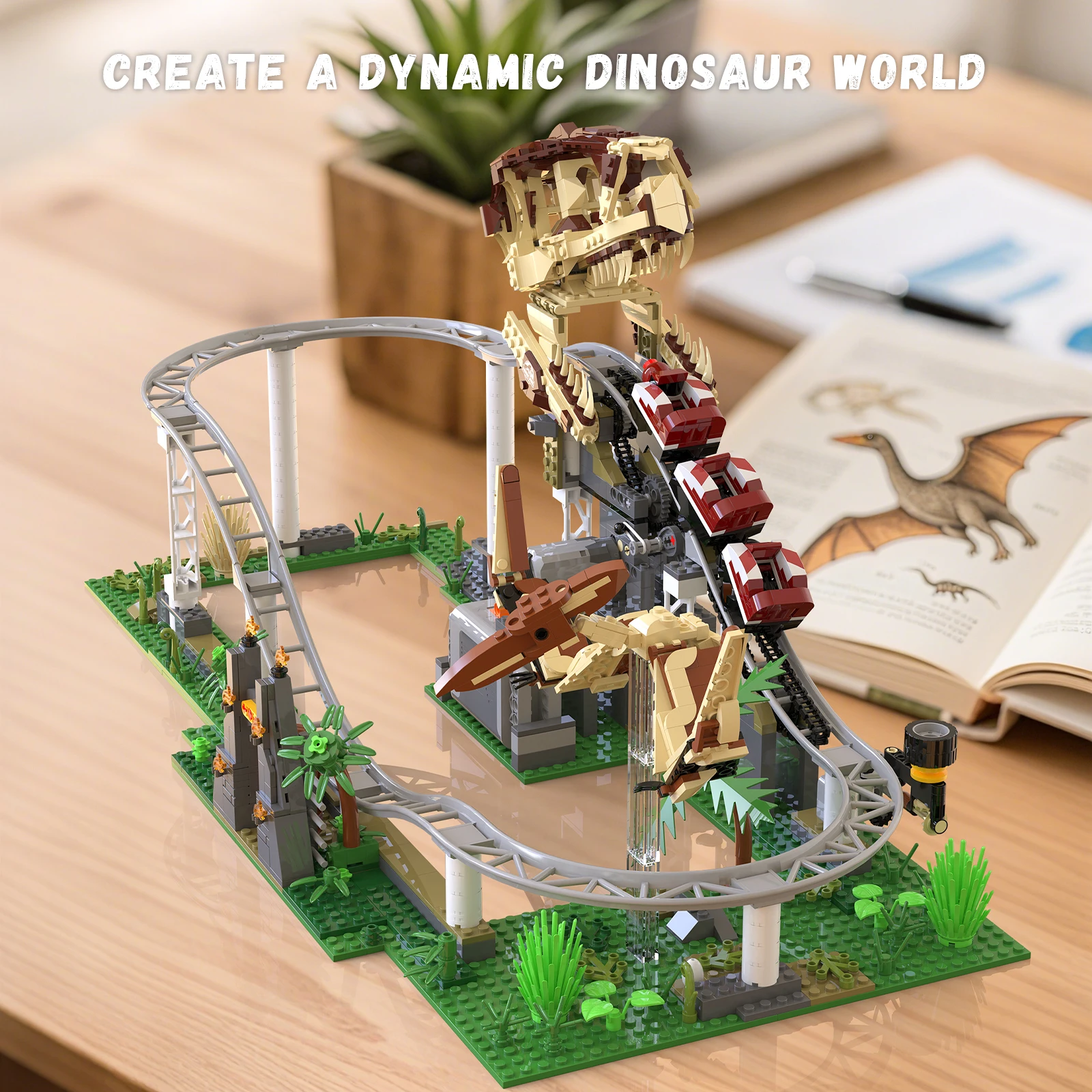 MOC 1291 pièces Kit de blocs de construction de montagnes russes dinosaures, jouet de tapis pour les amateurs de dinosaures et cadeau parfait de Noël et d'anniversaire