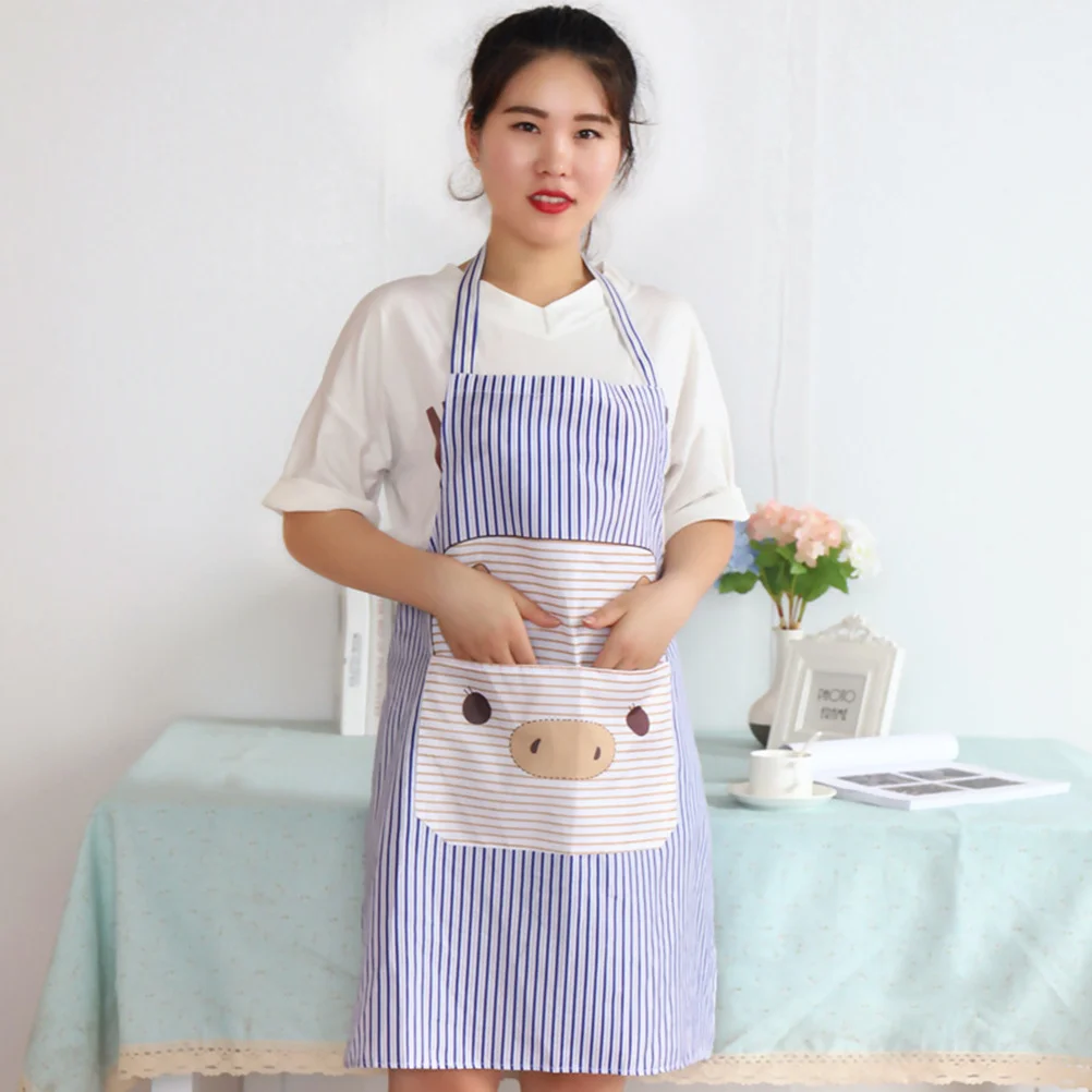 

Cartoon Pig Stripe Polyester Oilproof Apron Standard Size Hanging Neck Back Tie Big Pocket Cooking Pinafore Polyester Apron