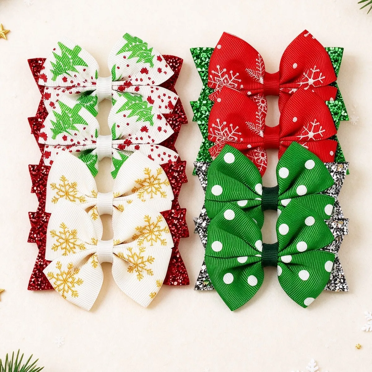 20 Pairs/Lot ( 40 PCS ), 3.94“ Printed Ribbon Glitter Bow Hair Clips For Children Girls Christmas New Year Gift