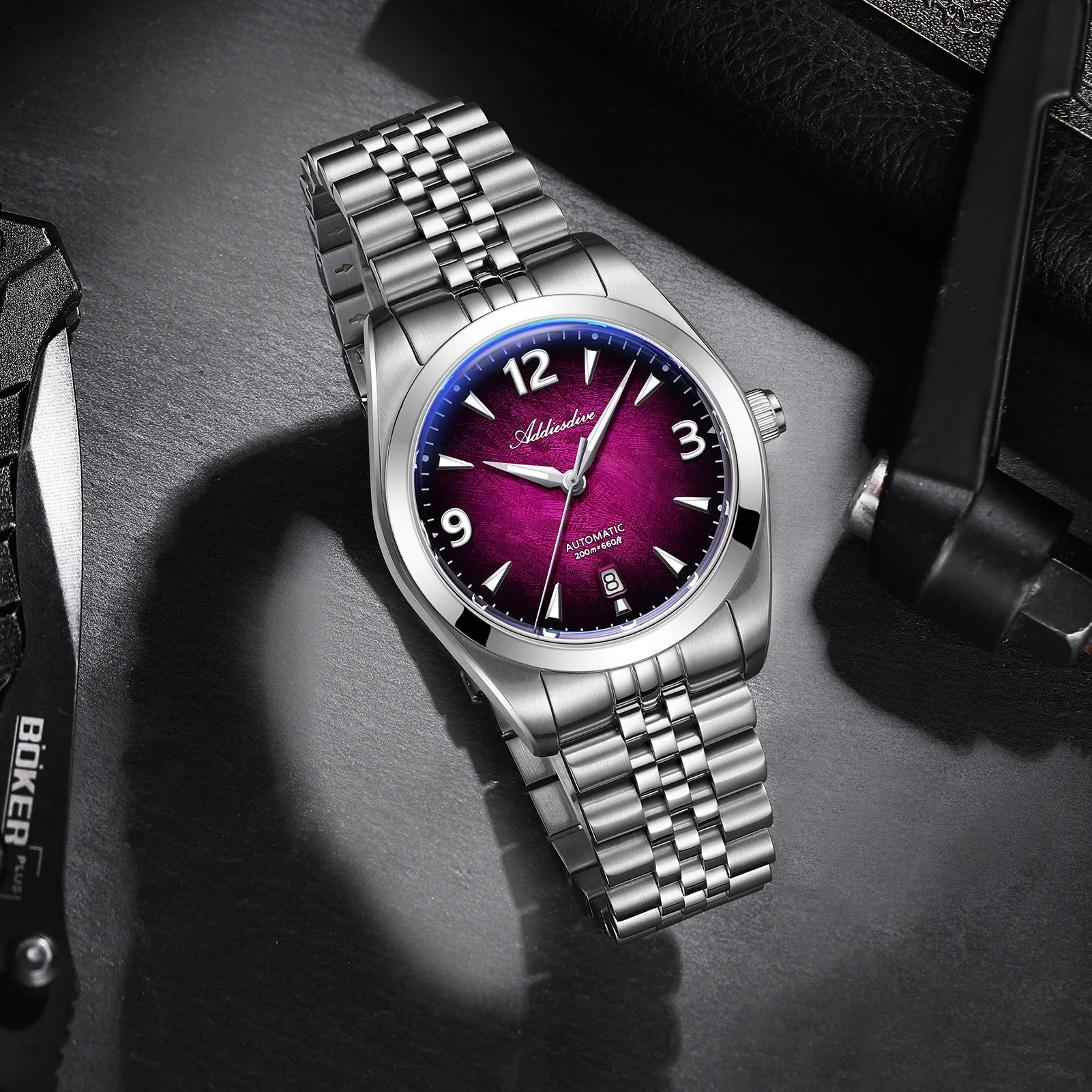 ADDIESDIVE New 39mm Men Watch AD2560 Sapphire 8215 Mechanical Automatic Wristwatch Purple Dive 20Bar Waterproof BGW9 Luminous