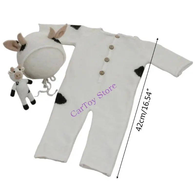 634F 3 PCS Baby Breien Cow Hat Dier voor Doll Romper Set Handgemaakte Haak Mohair Bodysuit Pasgeboren fotografie