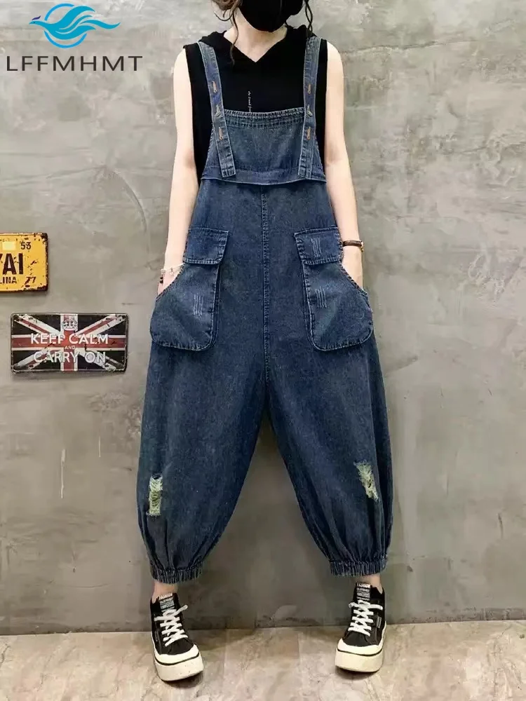 

Summer Fashion Women Suspender Jeans Vintage Ripped Hole Big Pocket Loose Casual A-line Trouser Female Denim Streetwear Overalls