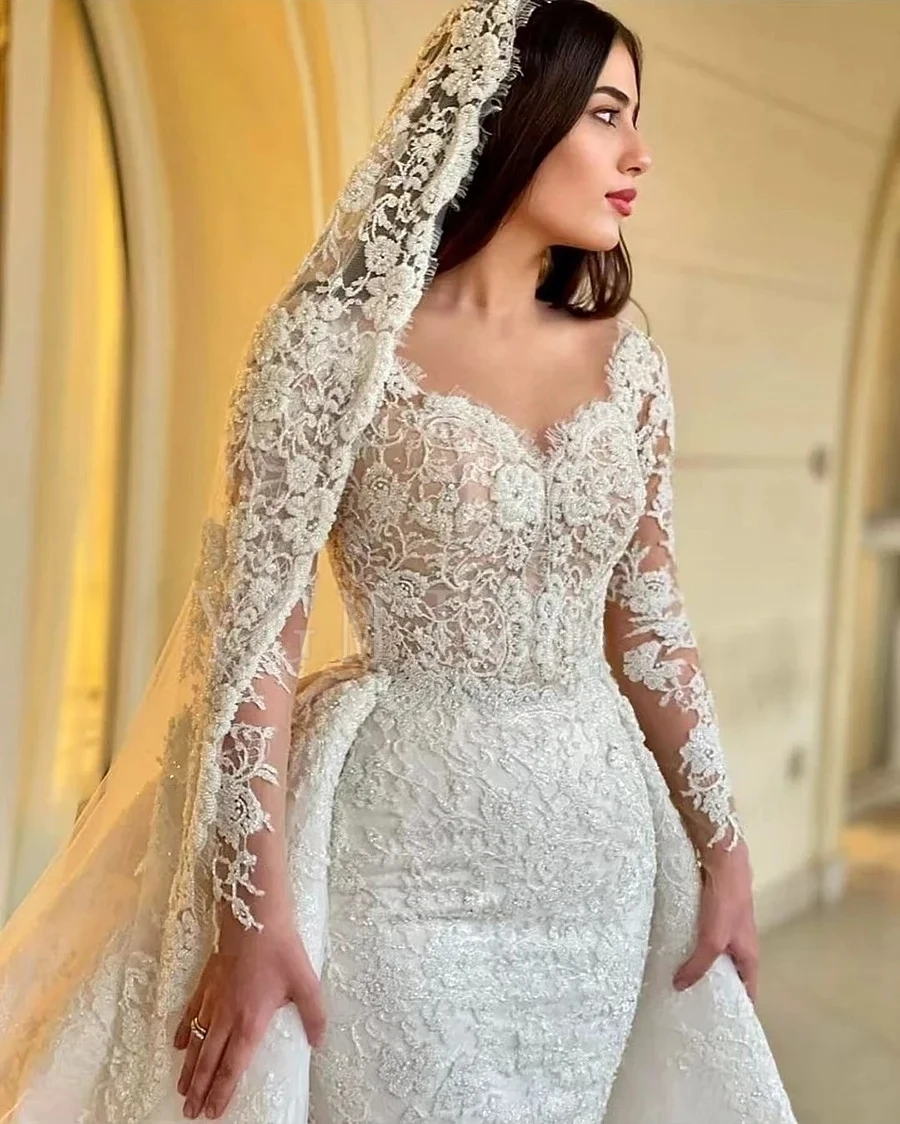 Romantic Lace Mermaid Wedding Dresses Bride Luxury Beaded Long Sleeves Detachable Train Bridal Gowns Robe De Marie Customized