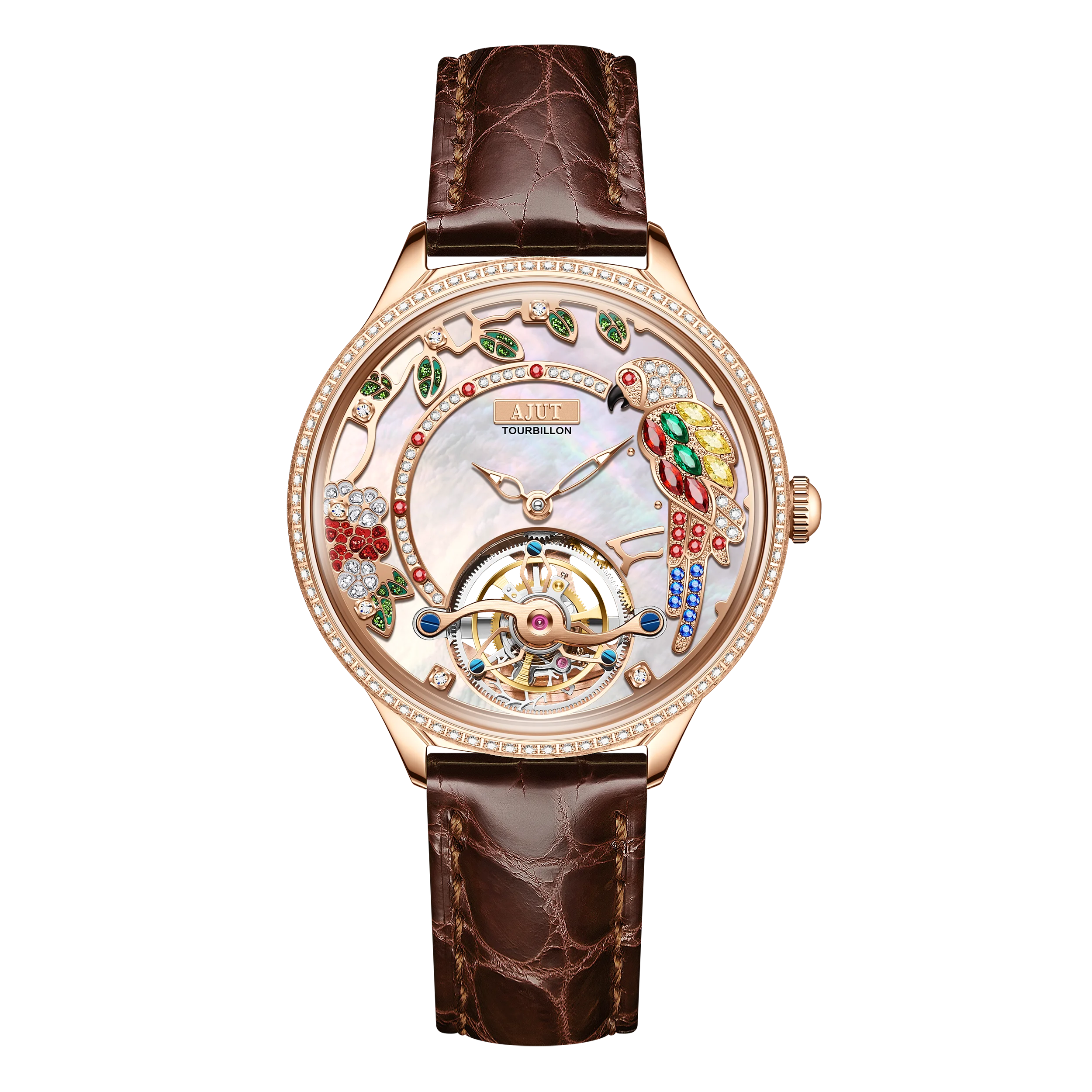 AJUT High Quality Luxury Woman Watch 0340 Automatic Tourbillon Mechanical Skeleton Movement Women's Wristwatch Beautiful