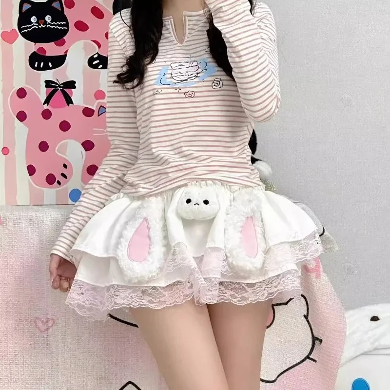 Jupe d'été japonaise originale pour femmes, couleur unie, oreilles de lapin, accessoires, bord en dentelle, nouvelle collection 2025