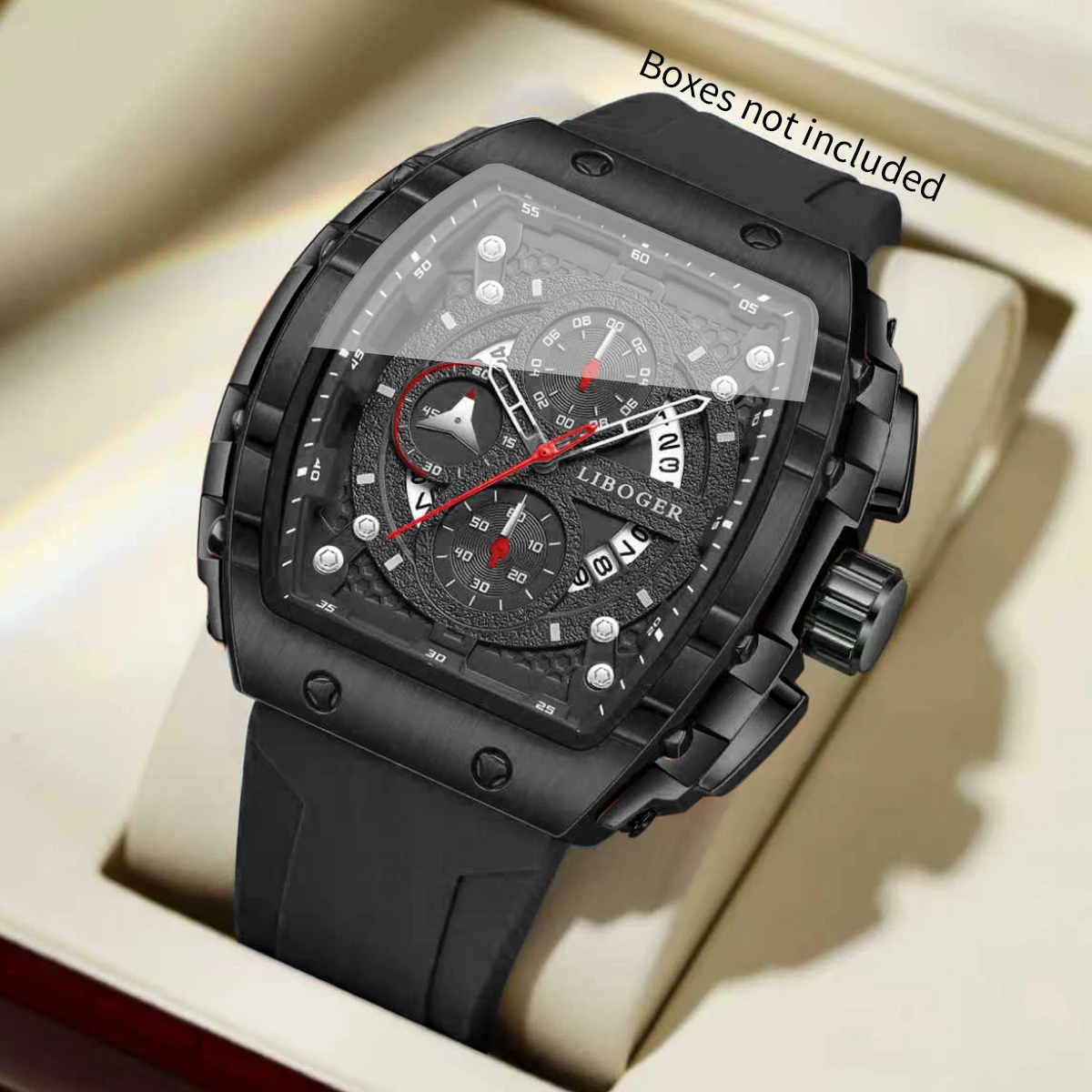 Fashion Tonneau Men Sport Watch Casual Silicone Strap Military Outdoor Analog Wristwatch For Men Calendar Watches（Without Box） - view 2
