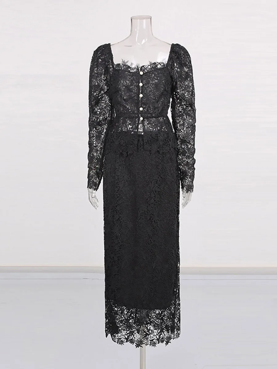 CHICEVER Set Dua Potong Renda Hitam Berpotongan Persegi Kerah Persegi Lengan Panjang Jaket Transparan Seksi Set Rok Wanita Mode Musim Gugur