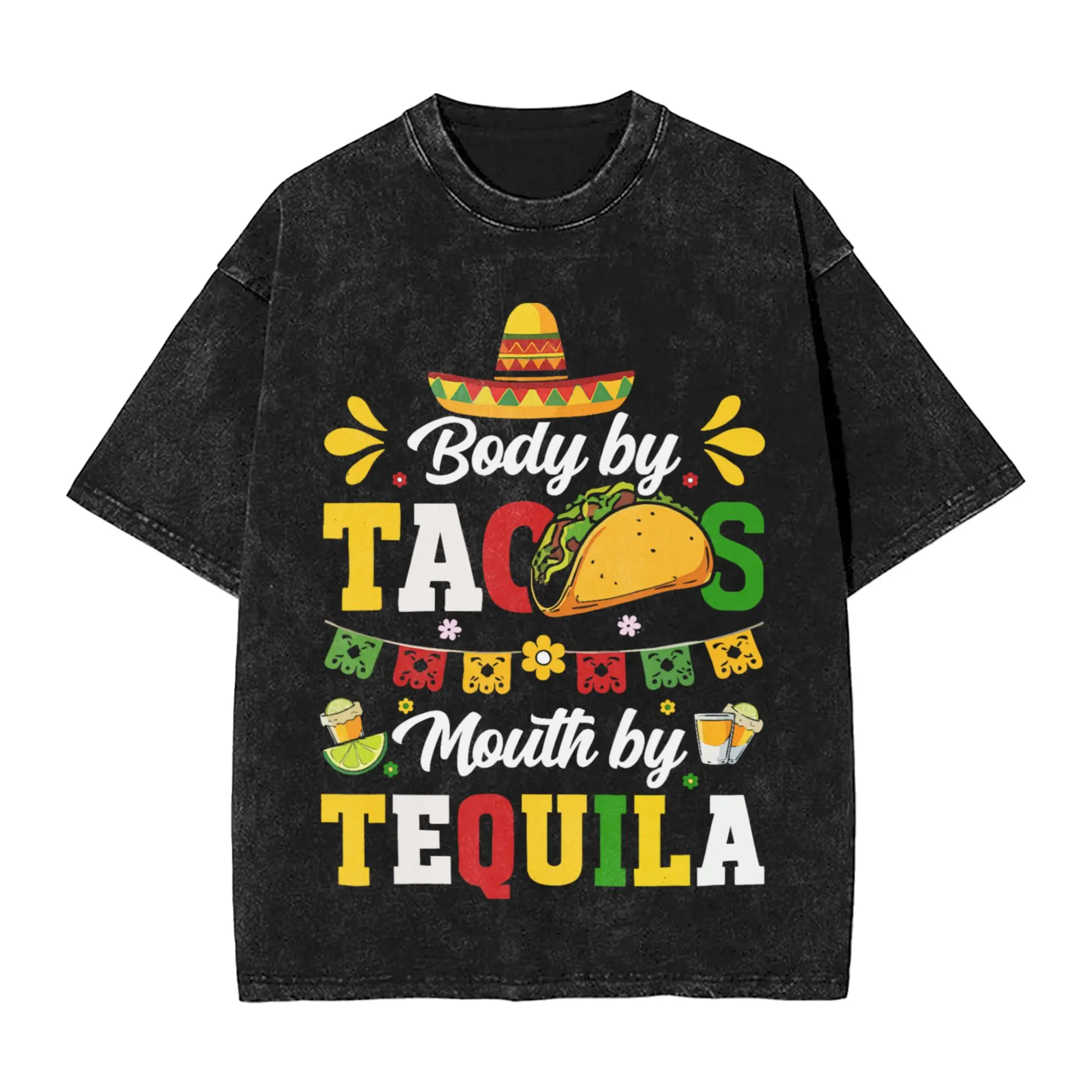 Camiseta Masculina de Algodão Estampada Tacos Tequila Sombrero Papel Picado Lime Shot Cinco De Mayo - Moda Verão Streetwear