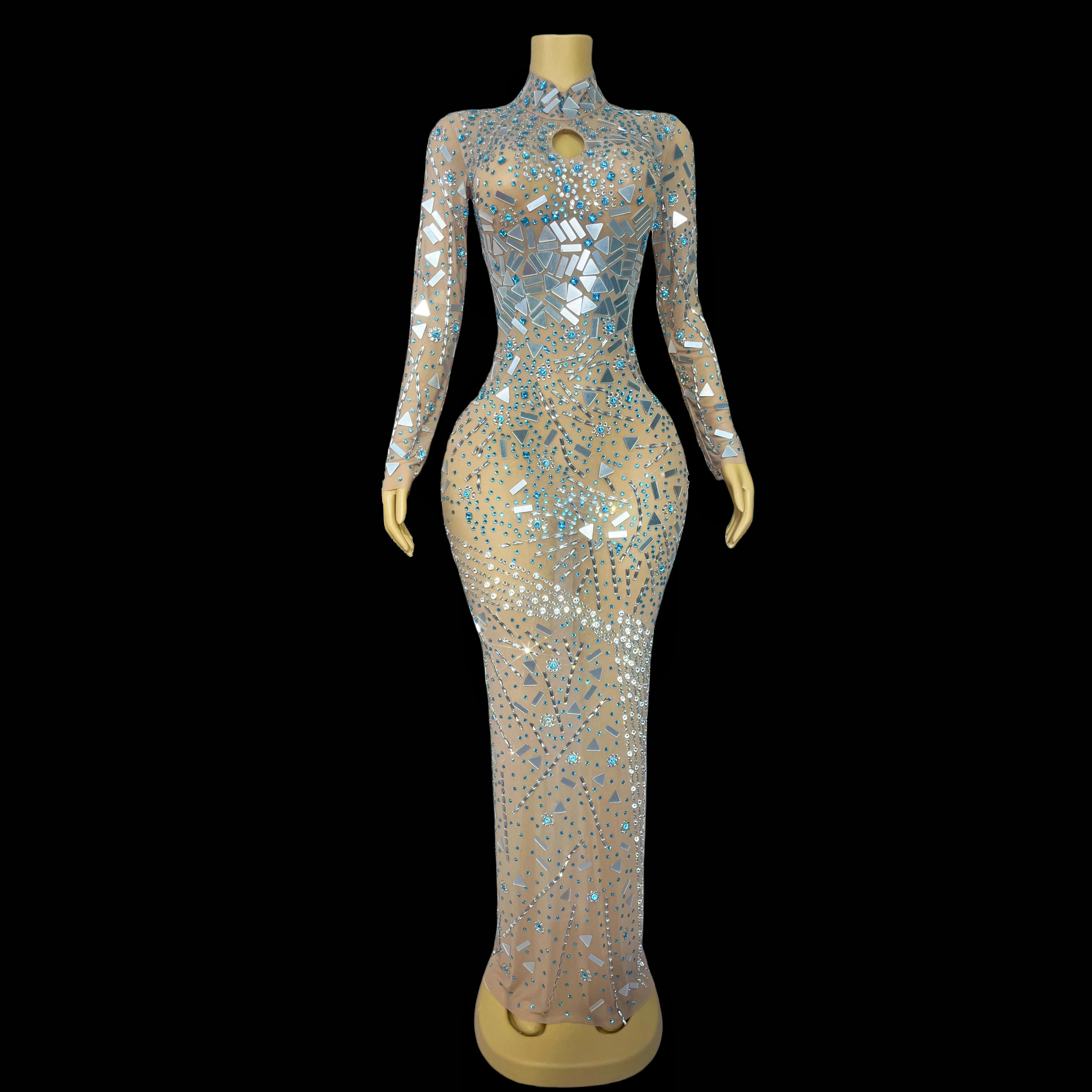 

Science and technology sense mirror rhinestone long sleeve mesh skirt ladies evening red carpet dress stage costumes Wanghuatong