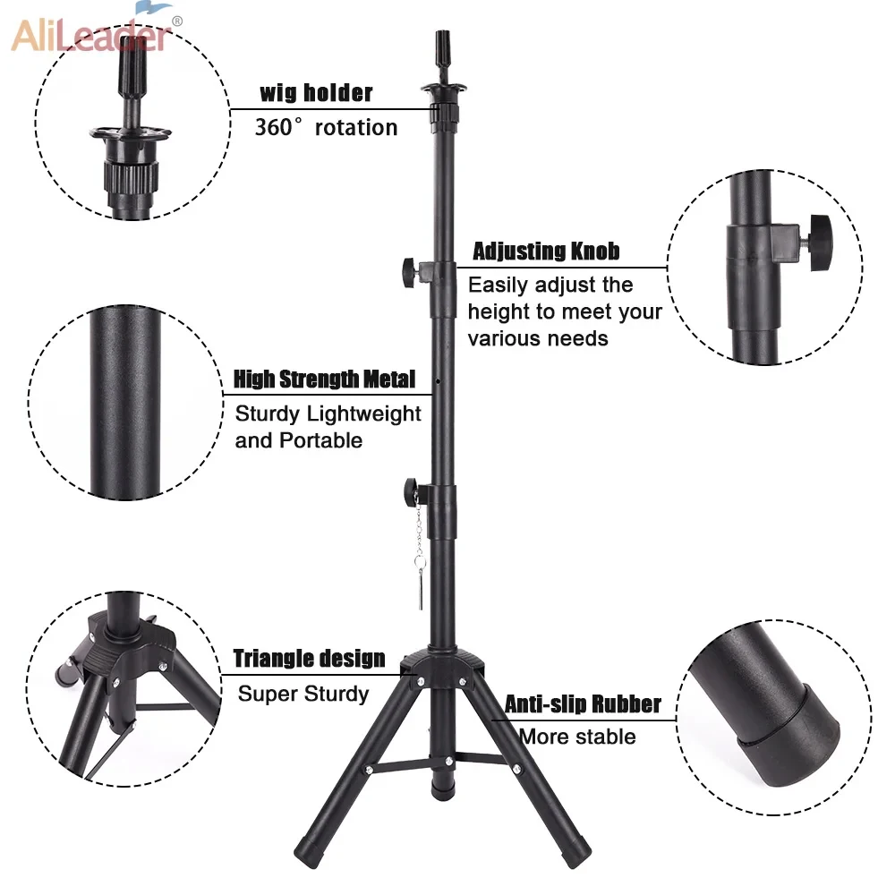 رأس عارضة أزياء بحامل ثلاثي القوائم قابل للتعديل مقاس 55 بوصة باللون الأسود للتدريب على تصفيف الشعر #5