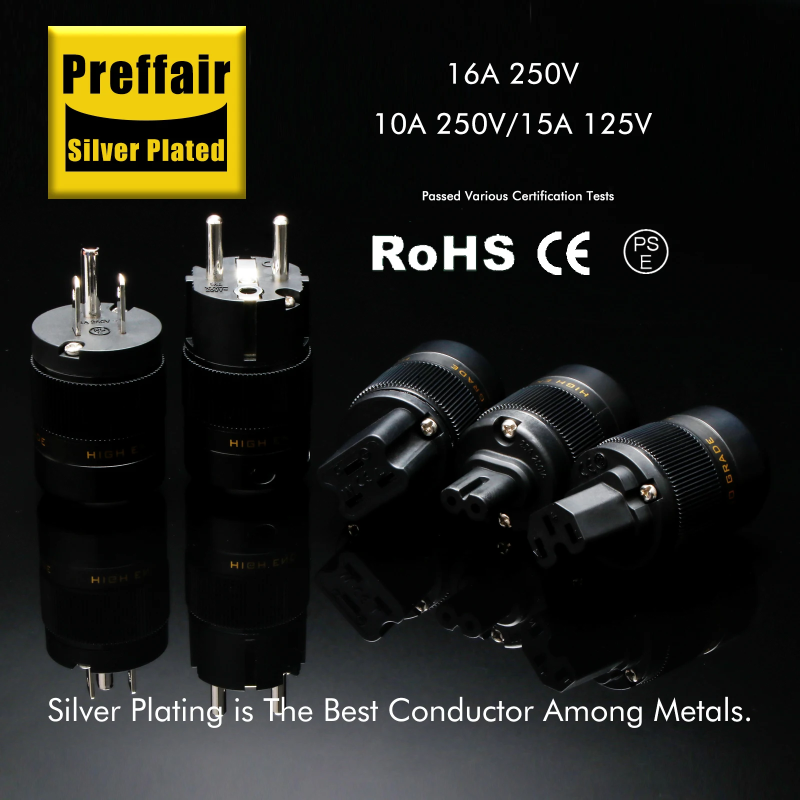 Preffair P078S Pure Silver Plated Schuko Power Connector Audiophile DIY Mains Cord Plug 16A 250V AC HIFI European Plug