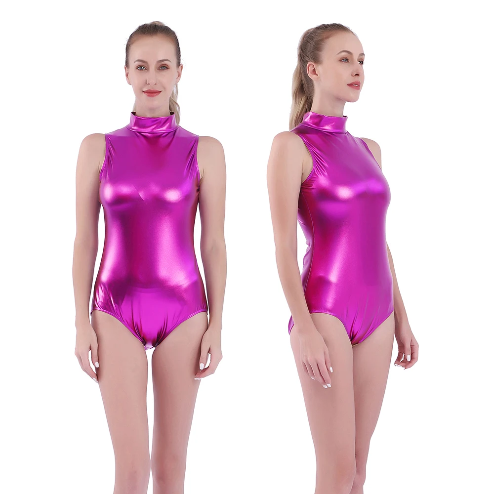 Aoylisey justaucorps métallique brillant pour femmes, col haut, sans manches, pour spectacle de danse, fermeture éclair au dos