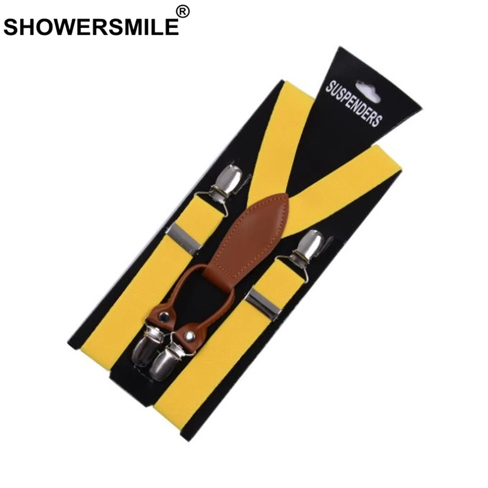 SHOWERSMILE Suspenders Women Leather Alloy 4 Clip Suspender Yellow Tirantes Female Braces Adult Suspensorios Trousers Strap